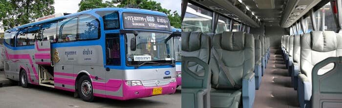 Vista exterior e interior de un autobús VIP de lujo en Tailandia, 2+1 asientos en cada fila para pasajeros mejorados.